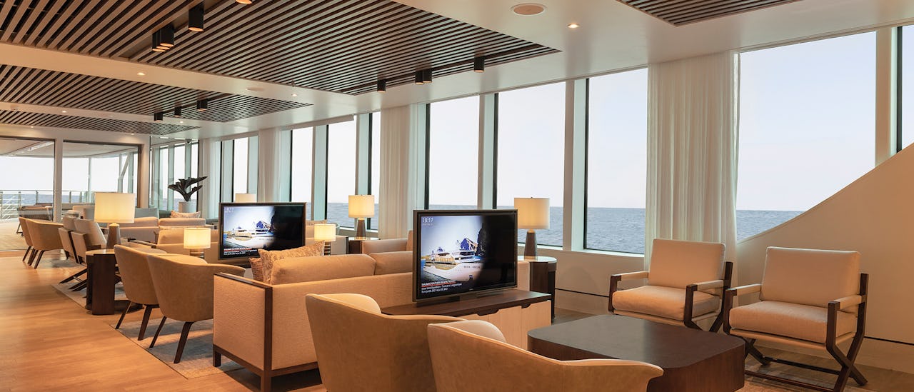 Basecamp, an elegant lounge in which guests can socialize before and after excursions.